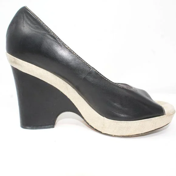 Taryn by Taryn Rose Size 9 Black Leather Linen Platform Wedge Peep Toe Heels - Picture 8 of 11